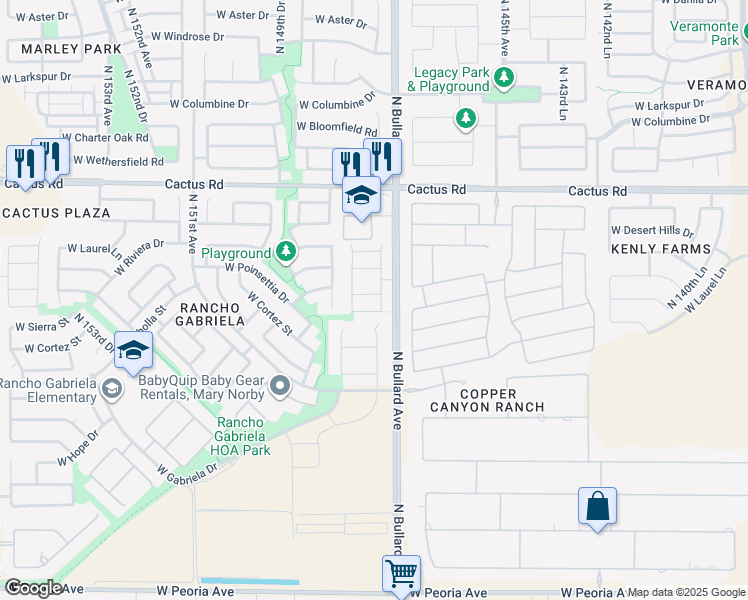map of restaurants, bars, coffee shops, grocery stores, and more near 11779 147th Drive in Surprise