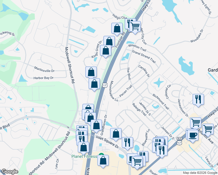 map of restaurants, bars, coffee shops, grocery stores, and more near 3456 Piedmont Trail in Murrells Inlet