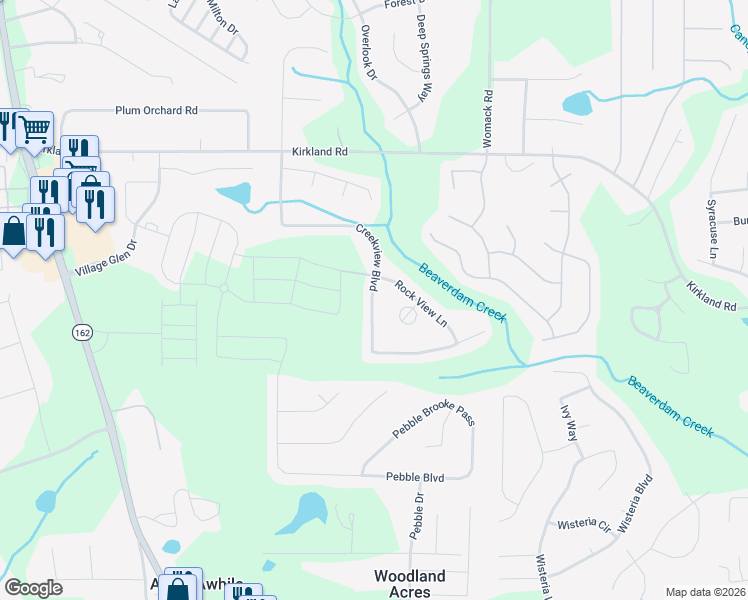 map of restaurants, bars, coffee shops, grocery stores, and more near 350 Creekview Boulevard in Covington