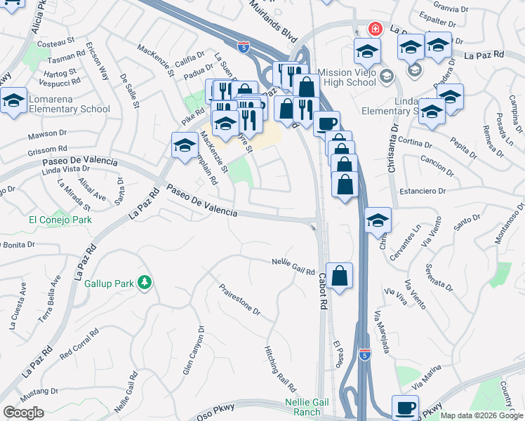 map of restaurants, bars, coffee shops, grocery stores, and more near 25852 Tree Top Road in Laguna Hills