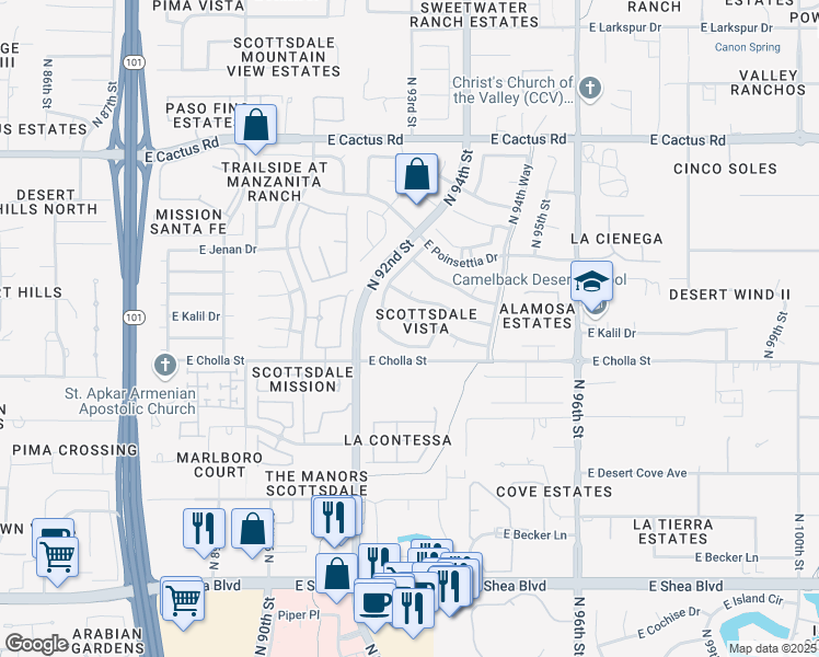 map of restaurants, bars, coffee shops, grocery stores, and more near 9295 East Kalil Drive in Scottsdale