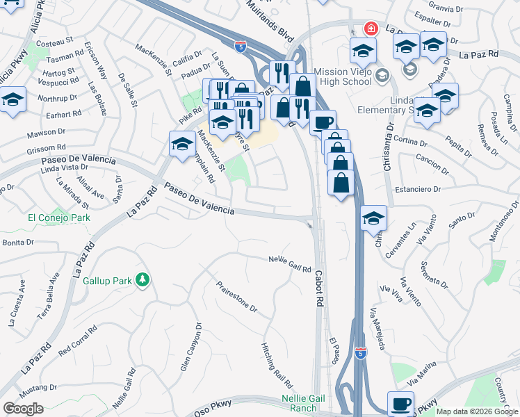 map of restaurants, bars, coffee shops, grocery stores, and more near 25842 Tree Top Road in Laguna Hills