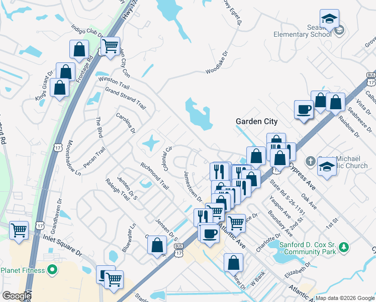 map of restaurants, bars, coffee shops, grocery stores, and more near 145 Colonial Circle in Murrells Inlet