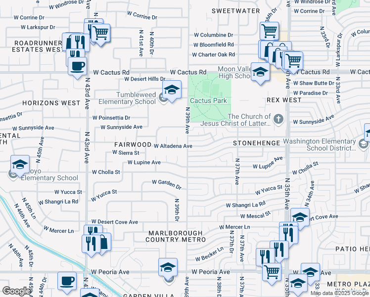 map of restaurants, bars, coffee shops, grocery stores, and more near 3901 West Altadena Avenue in Phoenix