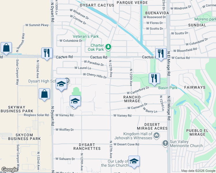 map of restaurants, bars, coffee shops, grocery stores, and more near 12701 West Sunnyside Drive in El Mirage
