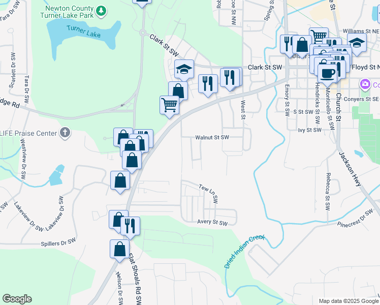 map of restaurants, bars, coffee shops, grocery stores, and more near 5134 Hill Street Southwest in Covington