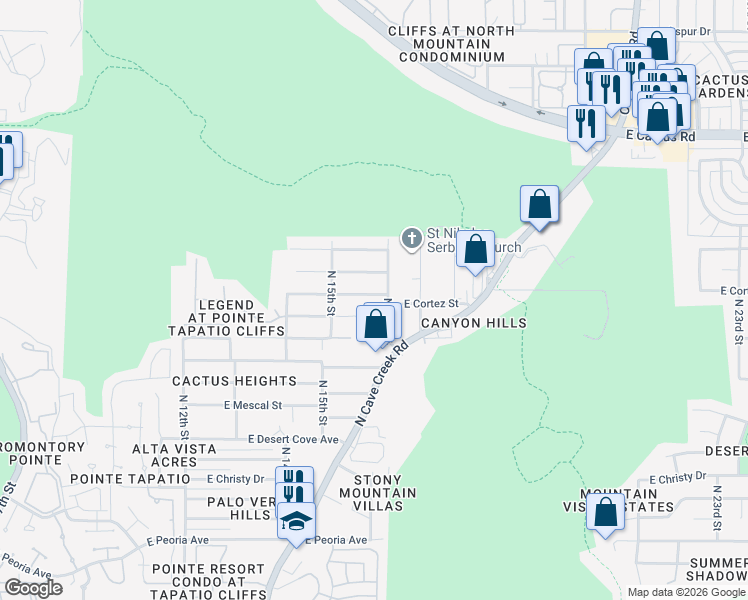 map of restaurants, bars, coffee shops, grocery stores, and more near 1543 East Cortez Street in Phoenix