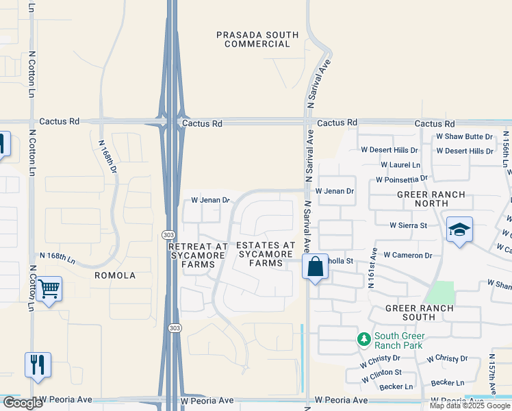 map of restaurants, bars, coffee shops, grocery stores, and more near 11757 North 165th Avenue in Surprise