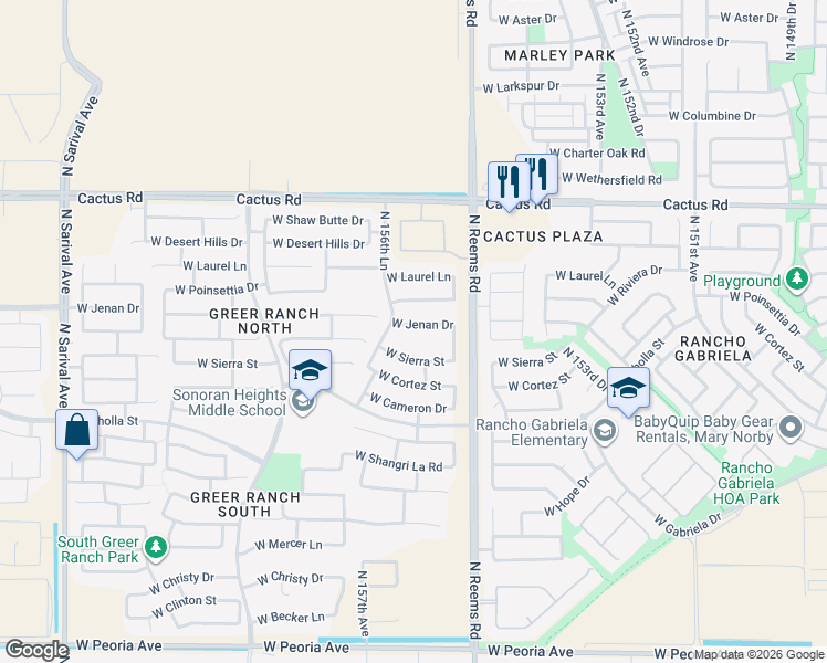 map of restaurants, bars, coffee shops, grocery stores, and more near 15651 West Jenan Drive in Surprise