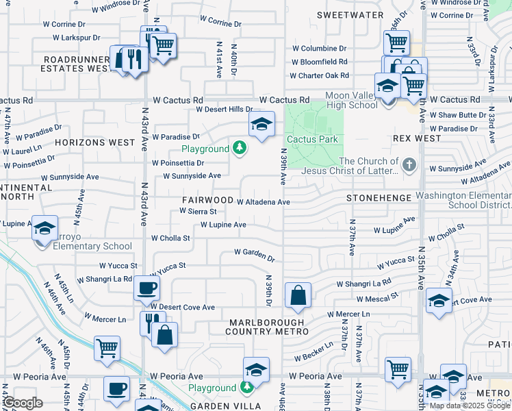 map of restaurants, bars, coffee shops, grocery stores, and more near 3937 West Altadena Avenue in Phoenix