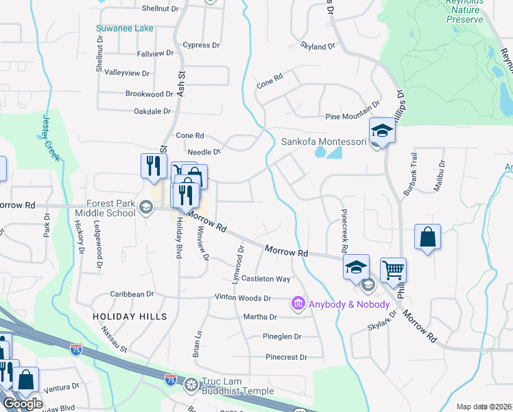 map of restaurants, bars, coffee shops, grocery stores, and more near 935 Slash Pine Road in Forest Park