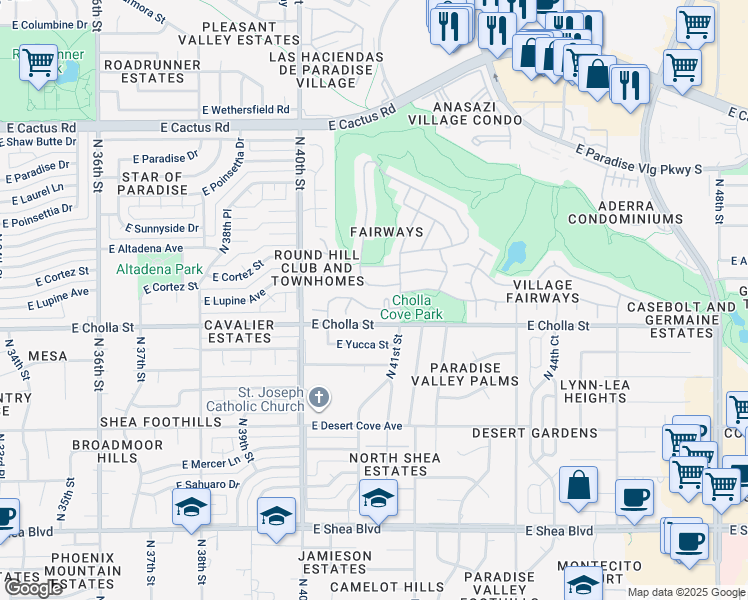 map of restaurants, bars, coffee shops, grocery stores, and more near 4078 East Round Hill Drive in Phoenix