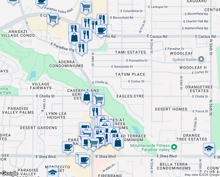 map of restaurants, bars, coffee shops, grocery stores, and more near 4924 East Cholla Street in Scottsdale