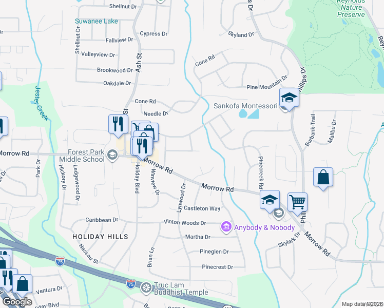 map of restaurants, bars, coffee shops, grocery stores, and more near 935 Slash Pine Road in Forest Park