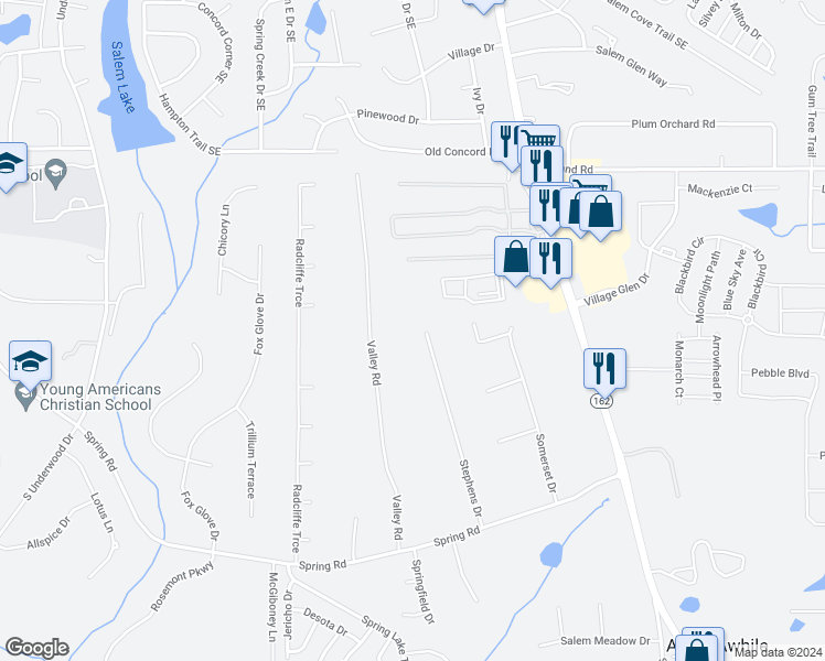 map of restaurants, bars, coffee shops, grocery stores, and more near 135 Stephens Drive in Covington