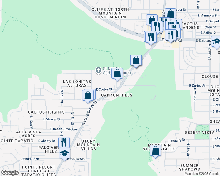map of restaurants, bars, coffee shops, grocery stores, and more near 1654 East Cortez Street in Phoenix