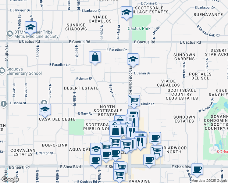 map of restaurants, bars, coffee shops, grocery stores, and more near 7102 East Kalil Drive in Scottsdale