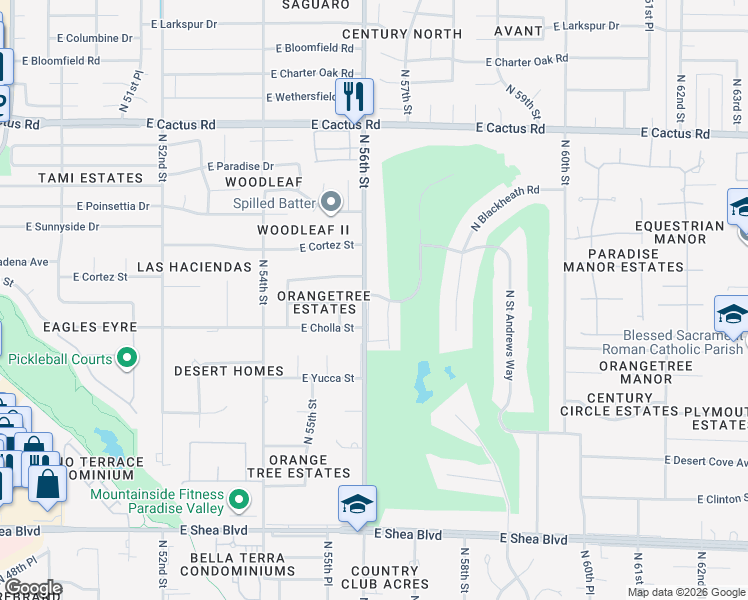 map of restaurants, bars, coffee shops, grocery stores, and more near 11465 North 56th Street in Scottsdale