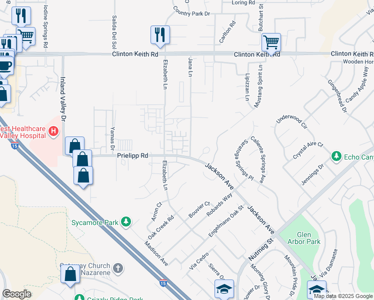 map of restaurants, bars, coffee shops, grocery stores, and more near 24970 Vermijo Court in Wildomar