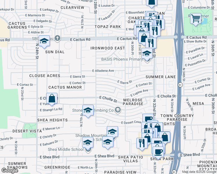 map of restaurants, bars, coffee shops, grocery stores, and more near 2843 East Cortez Street in Phoenix