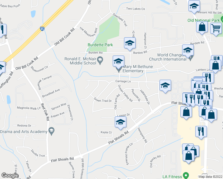 map of restaurants, bars, coffee shops, grocery stores, and more near 2847 Spruce Point Rd SW in College Park