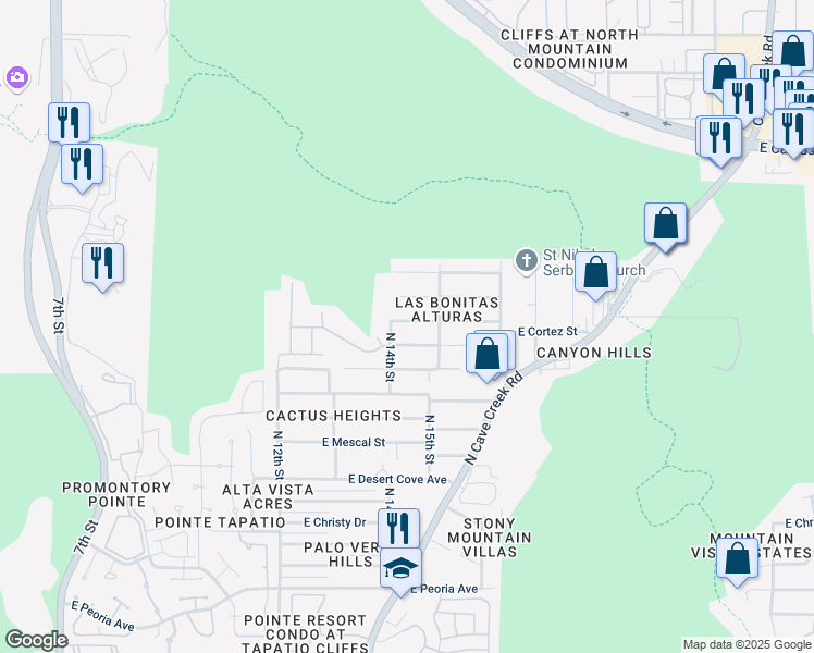 map of restaurants, bars, coffee shops, grocery stores, and more near 1413 East Cortez Street in Phoenix