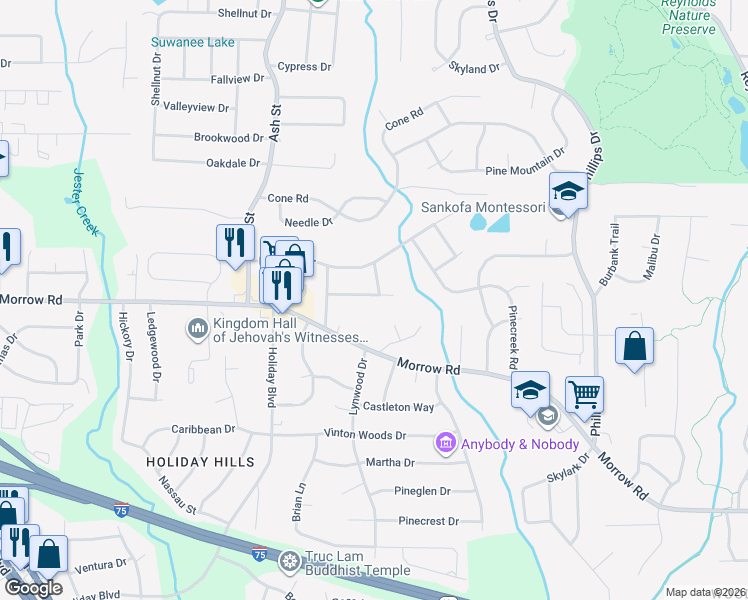 map of restaurants, bars, coffee shops, grocery stores, and more near 919 Slash Pine Road in Forest Park