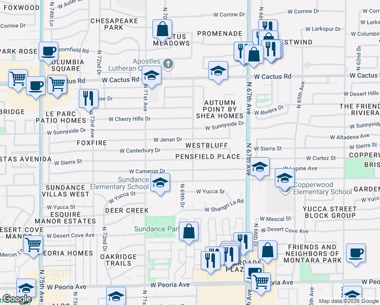 map of restaurants, bars, coffee shops, grocery stores, and more near 6903 West Canterbury Drive in Peoria