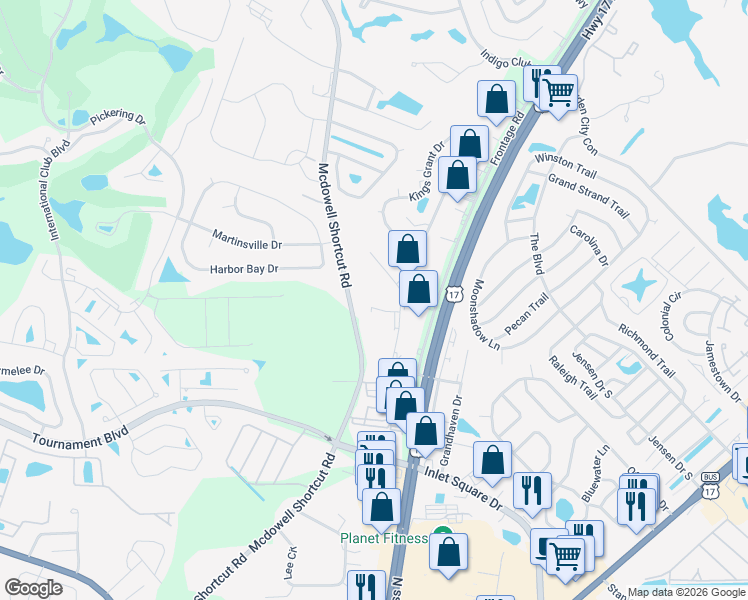 map of restaurants, bars, coffee shops, grocery stores, and more near 204 Elk Hunt Court in Murrells Inlet