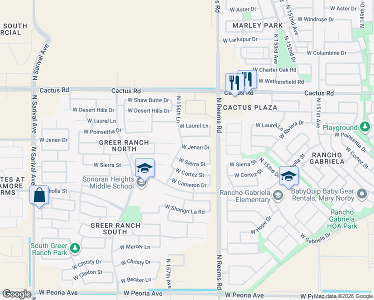 map of restaurants, bars, coffee shops, grocery stores, and more near 15651 West Jenan Drive in Surprise