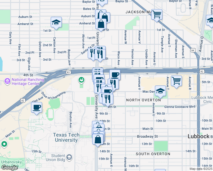 map of restaurants, bars, coffee shops, grocery stores, and more near 2498-2400,2499-2401 5th Street in Lubbock