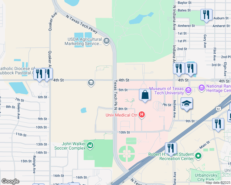 map of restaurants, bars, coffee shops, grocery stores, and more near 420 Texas Tech Pkwy in Lubbock