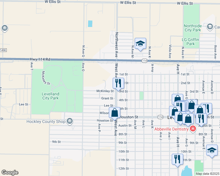 map of restaurants, bars, coffee shops, grocery stores, and more near Ave P in Levelland