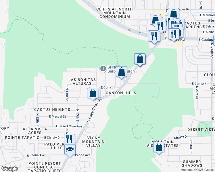 map of restaurants, bars, coffee shops, grocery stores, and more near 1654 East Cortez Street in Phoenix