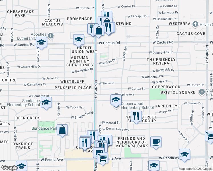 map of restaurants, bars, coffee shops, grocery stores, and more near 6621 West Sierra Street in Glendale