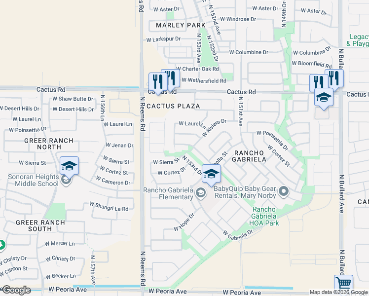 map of restaurants, bars, coffee shops, grocery stores, and more near 11731 North 154th Avenue in Surprise