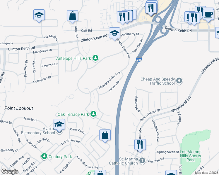 map of restaurants, bars, coffee shops, grocery stores, and more near 27451 Pinyon Street in Murrieta