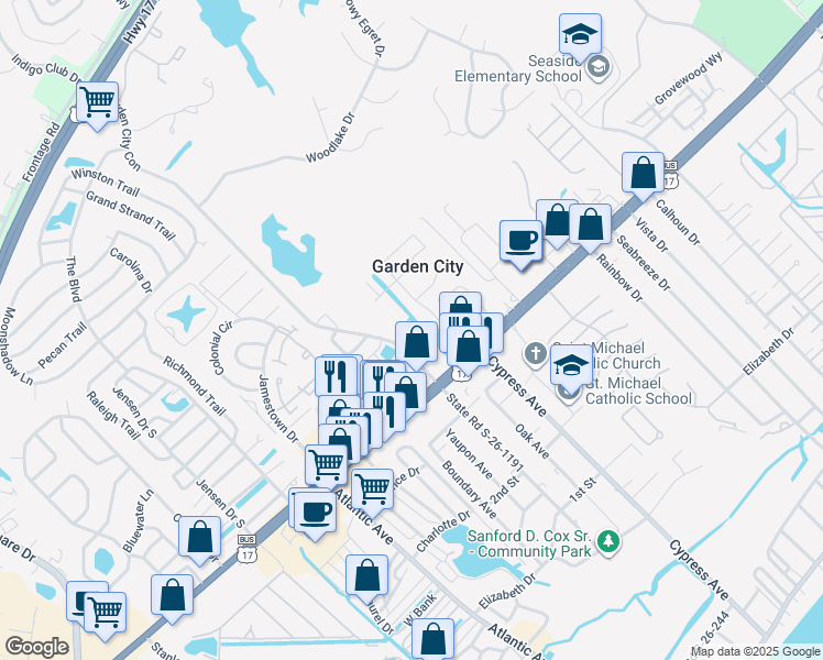map of restaurants, bars, coffee shops, grocery stores, and more near 121 Addison Cottage Way in Murrells Inlet