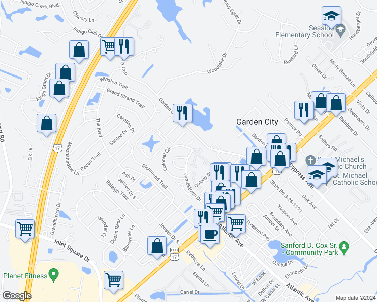 map of restaurants, bars, coffee shops, grocery stores, and more near 912 Prince William Court in Murrells Inlet