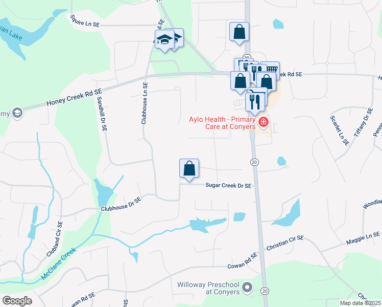 map of restaurants, bars, coffee shops, grocery stores, and more near 3715 Sweet Briar Court Southeast in Conyers