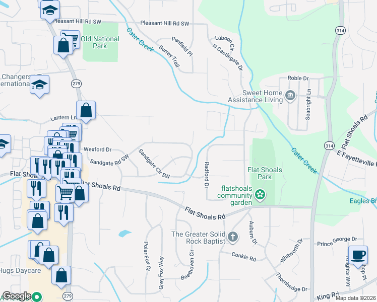 map of restaurants, bars, coffee shops, grocery stores, and more near 2120 Sandgate Circle Southwest in Atlanta