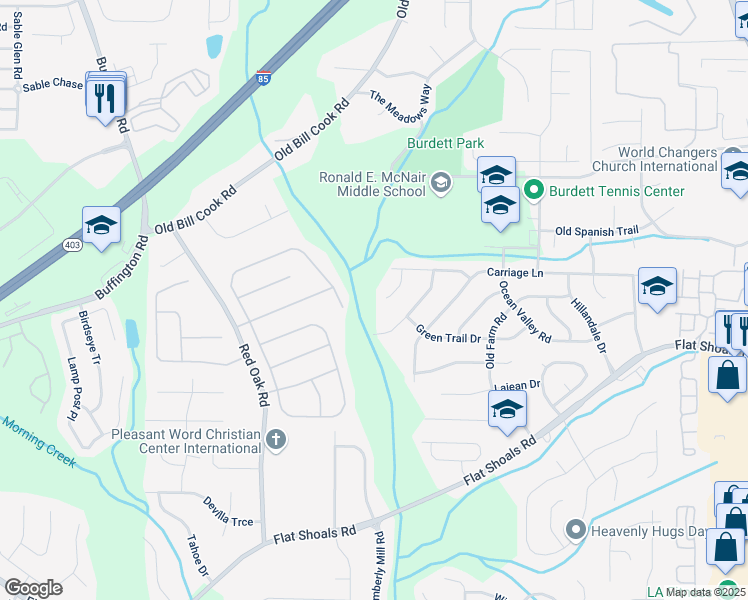 map of restaurants, bars, coffee shops, grocery stores, and more near 500 Cedar Wood Court Southwest in Atlanta
