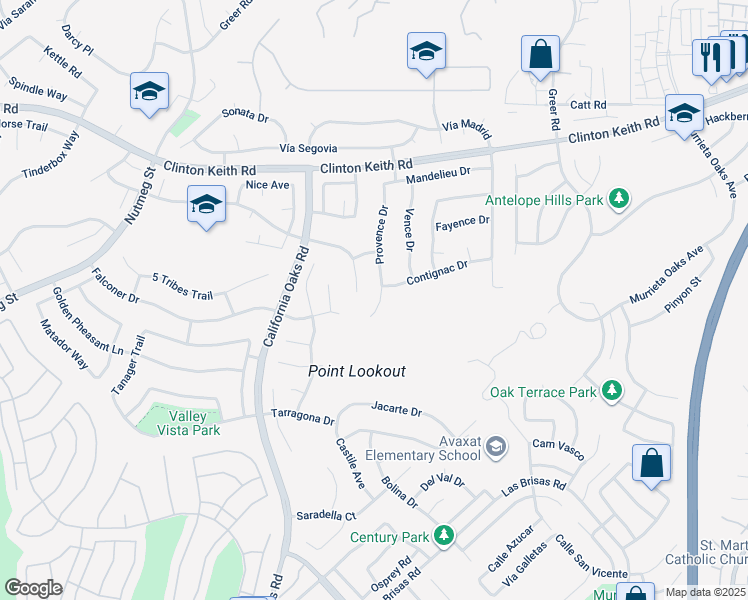 map of restaurants, bars, coffee shops, grocery stores, and more near 36357 Provence Drive in Murrieta