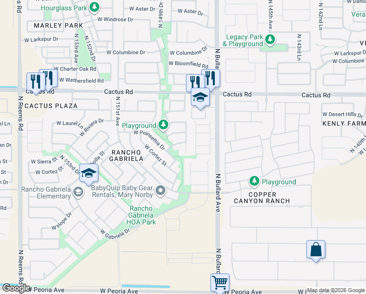 map of restaurants, bars, coffee shops, grocery stores, and more near 14853 West Jenan Drive in Surprise