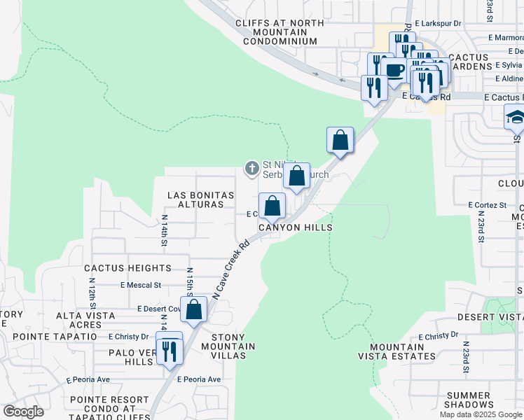 map of restaurants, bars, coffee shops, grocery stores, and more near 1654 East Cortez Street in Phoenix