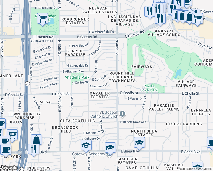map of restaurants, bars, coffee shops, grocery stores, and more near 11430 North 39th Place in Phoenix