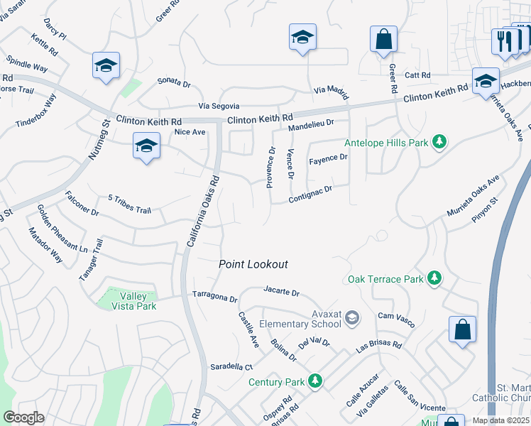 map of restaurants, bars, coffee shops, grocery stores, and more near 36357 Provence Drive in Murrieta