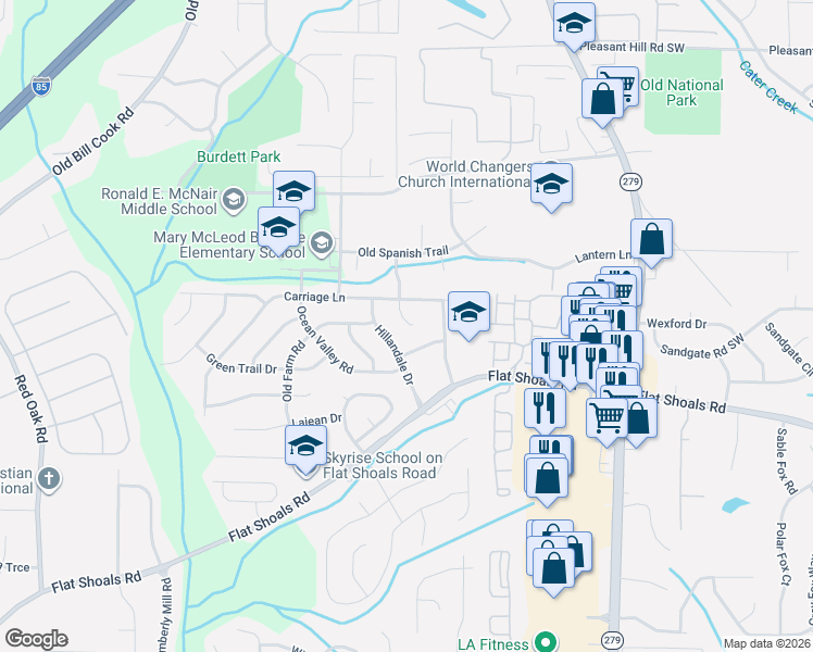map of restaurants, bars, coffee shops, grocery stores, and more near 6065 Carriage Court in College Park