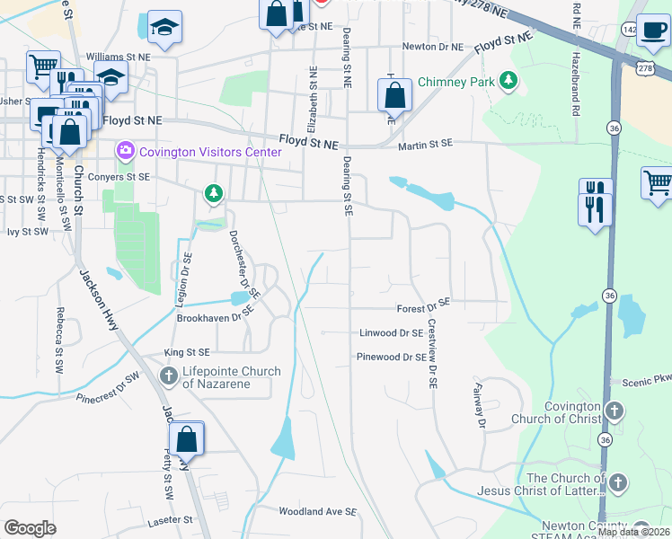 map of restaurants, bars, coffee shops, grocery stores, and more near 5226 Dearing Street Southeast in Covington
