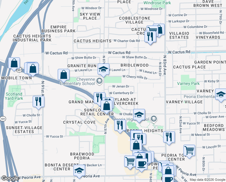 map of restaurants, bars, coffee shops, grocery stores, and more near 8642 West Canterbury Drive in Peoria
